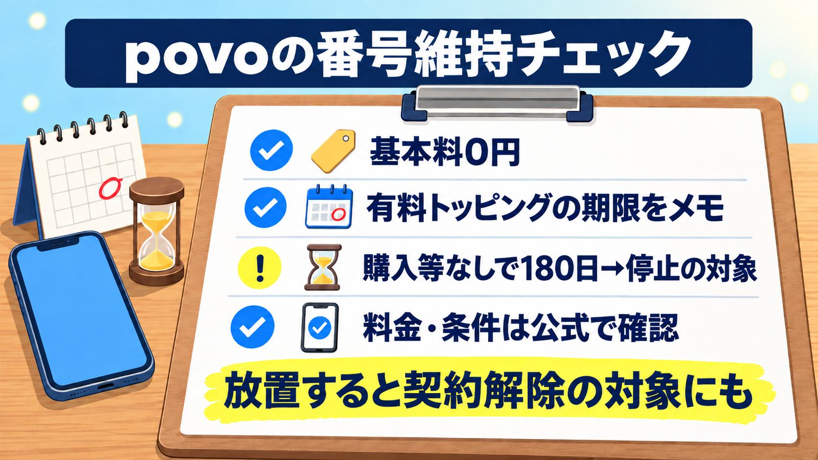 povoの番号維持チェック|基本料0円、有料トッピングの期限をメモ、公式の起算日から購入等なしで180日続くと利用停止の対象。料金・例外条件は公式で確認。放置すると契約解除の対象にも