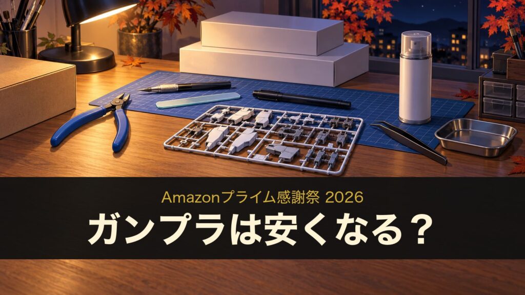 プライム感謝祭とガンプラ。机に並んだニッパーやヤスリなどの道具のイメージイラスト
